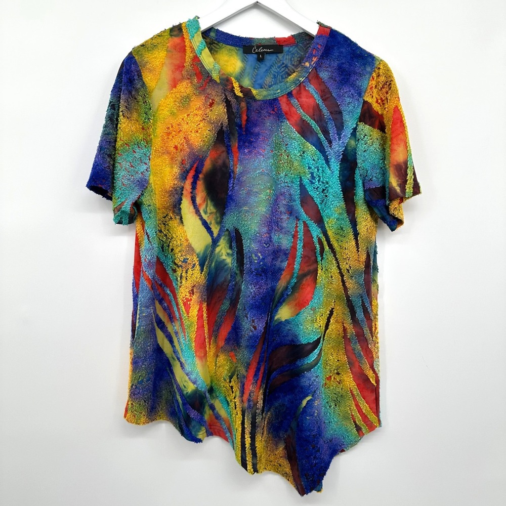 Calessa‎ Top Shirt Large Burnout Stretch Rainbow Artsy Boho Statement Bold Indie